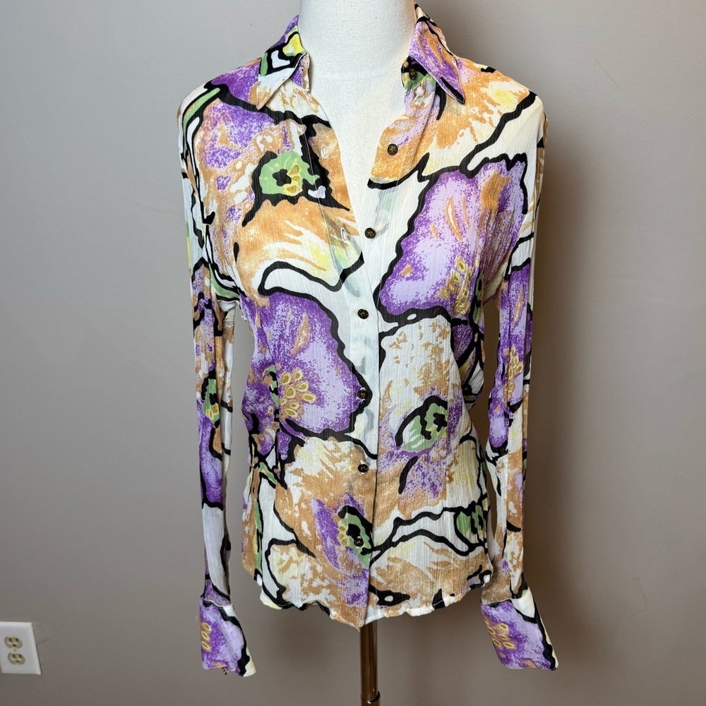 Roberto Cavalli Sheer Multi Colored Button-Up Blo… - image 2